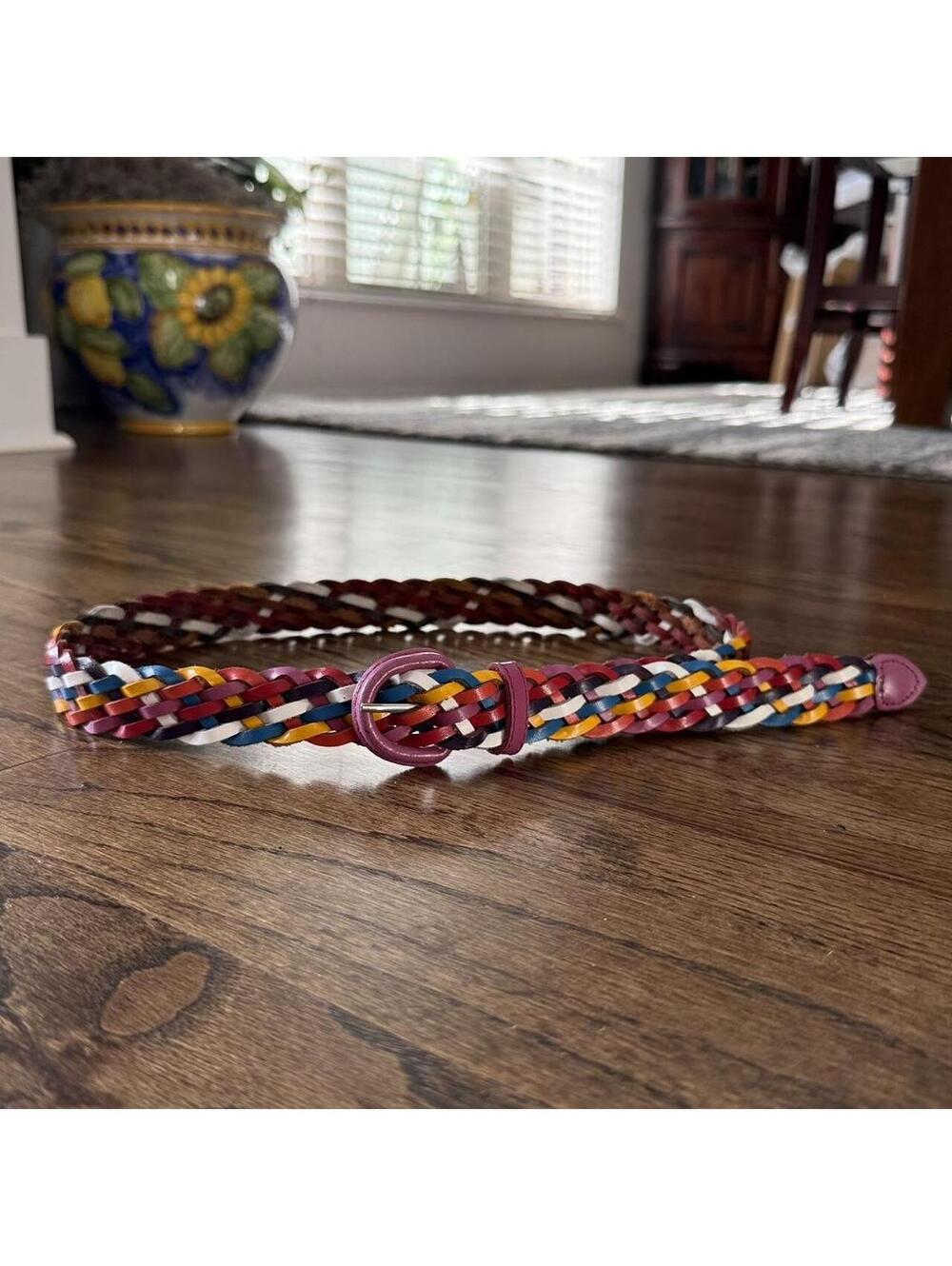 🎨 Vintage Genuine Leather Multicolor Woven Braided Belt Made in Guatemala M/L